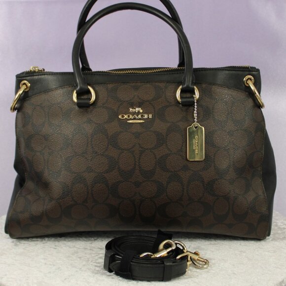 Coach Signature C Satchel Tote Bag with Strap – Brown/Black Leather - Picture 1 of 10